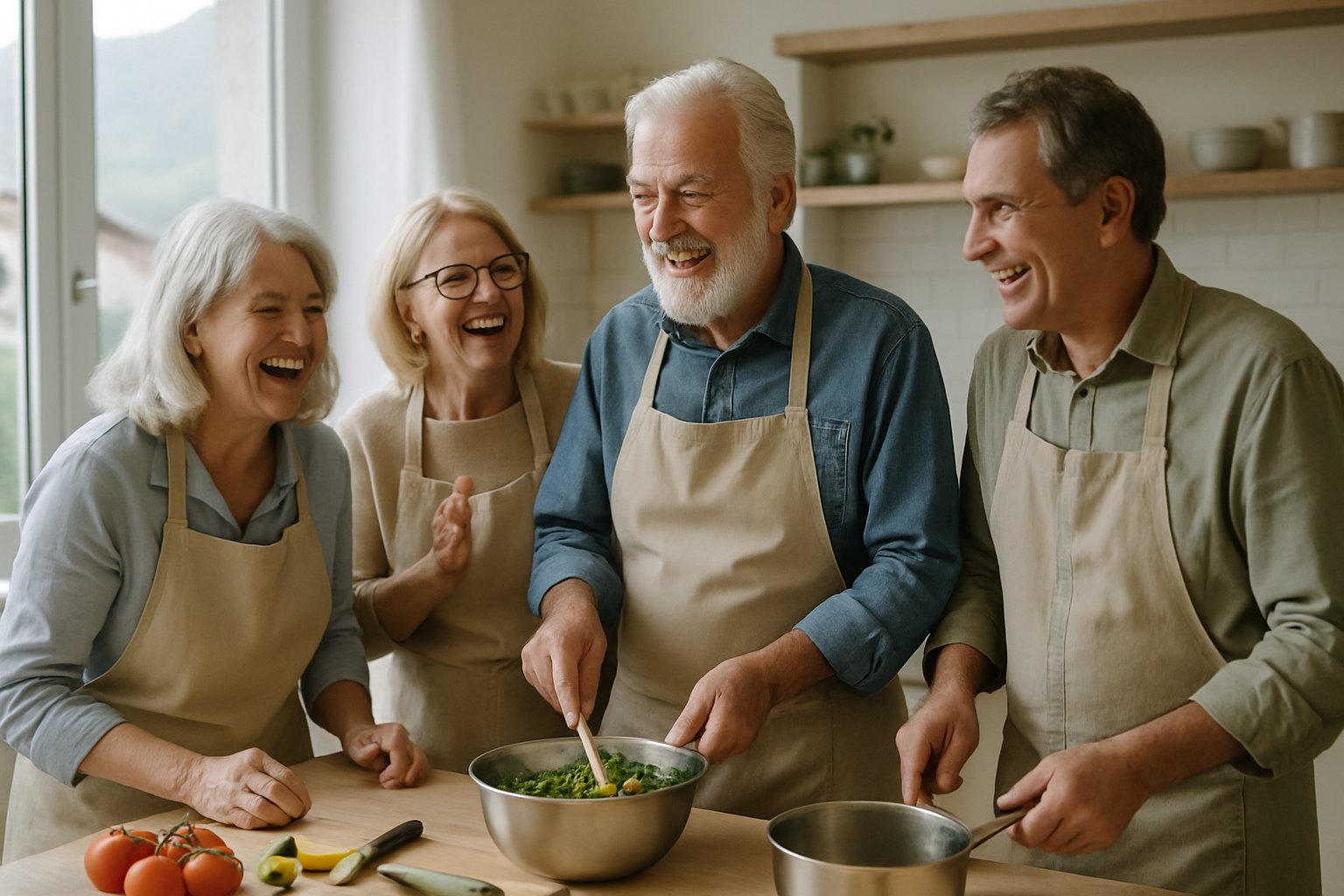 Un groupe de jeunes de plus de 50 ans participe à un cours de cuisine, souriant et échangeant ensemble.