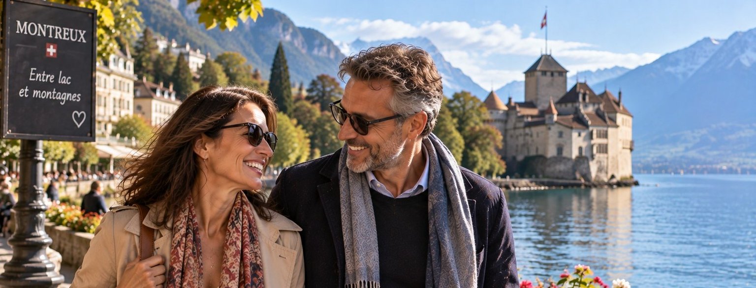 Une femme et un homme de plus de 50 ans se promènent au bord du lac Léman, près du château de Chillon à Montreux, dans le canton de Vaud.