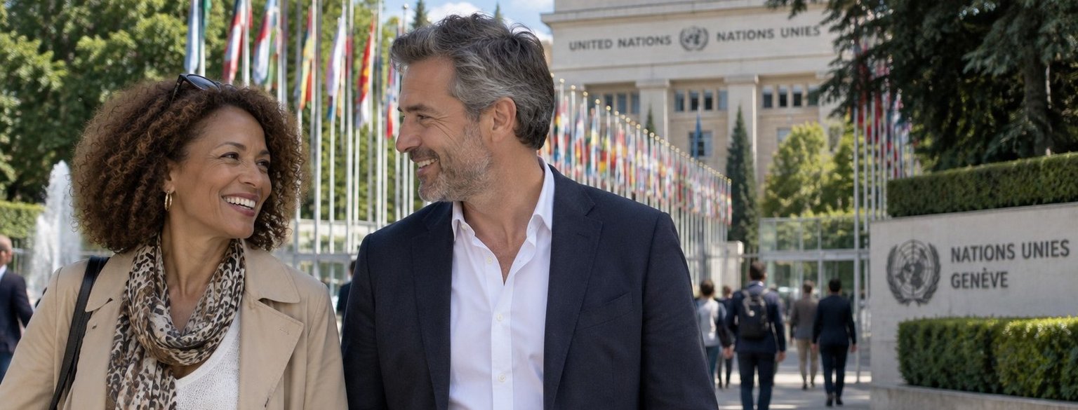 Célibataires de plus de 50 ans échangeant devant le Palais des Nations à Genève