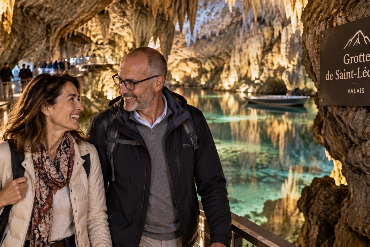 Femme et homme de plus de 50 ans découvrant la grotte de Saint-Léonard en Valais