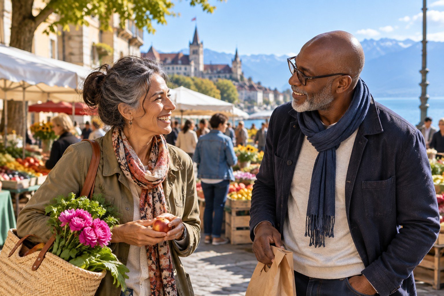 Femme et homme de plus de 50 ans échangeant lors d’un marché en Suisse