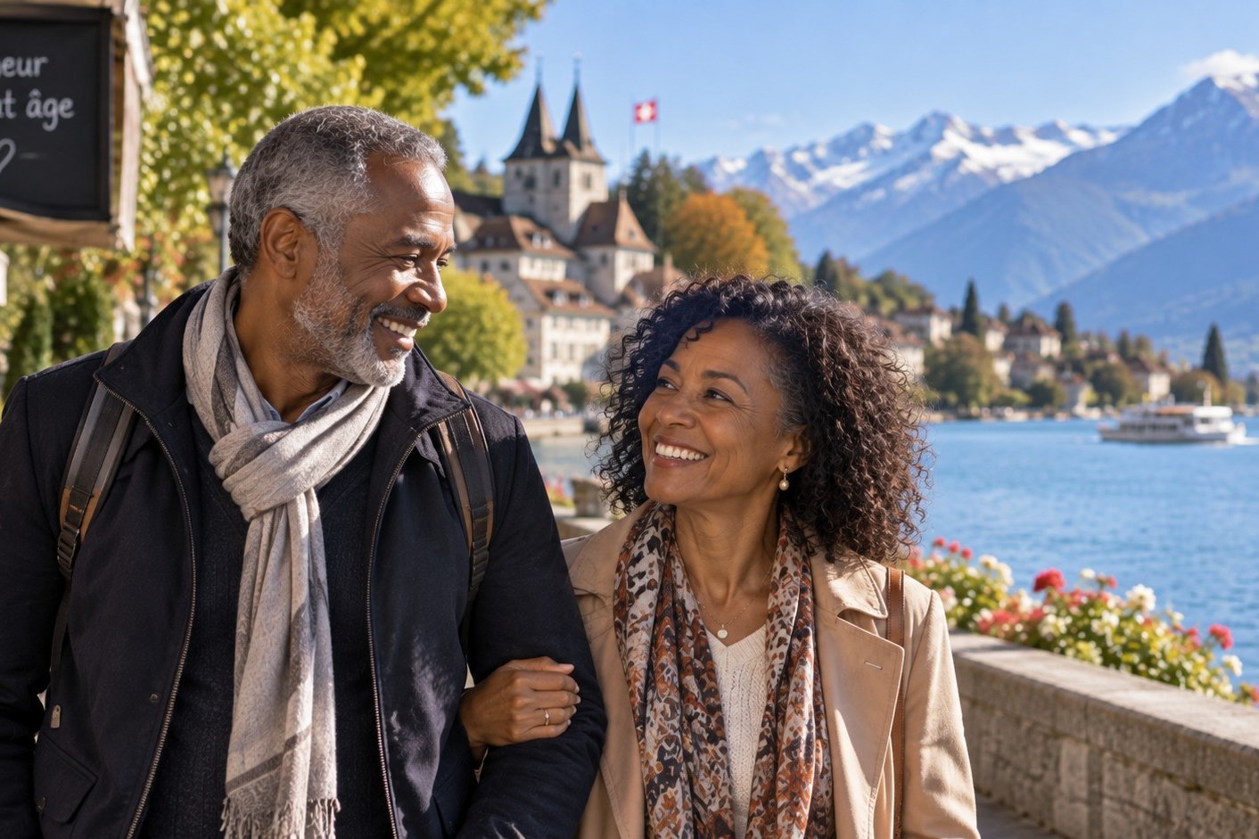 Couple de plus de 60 ans partageant une promenade au bord d’un lac en Suisse