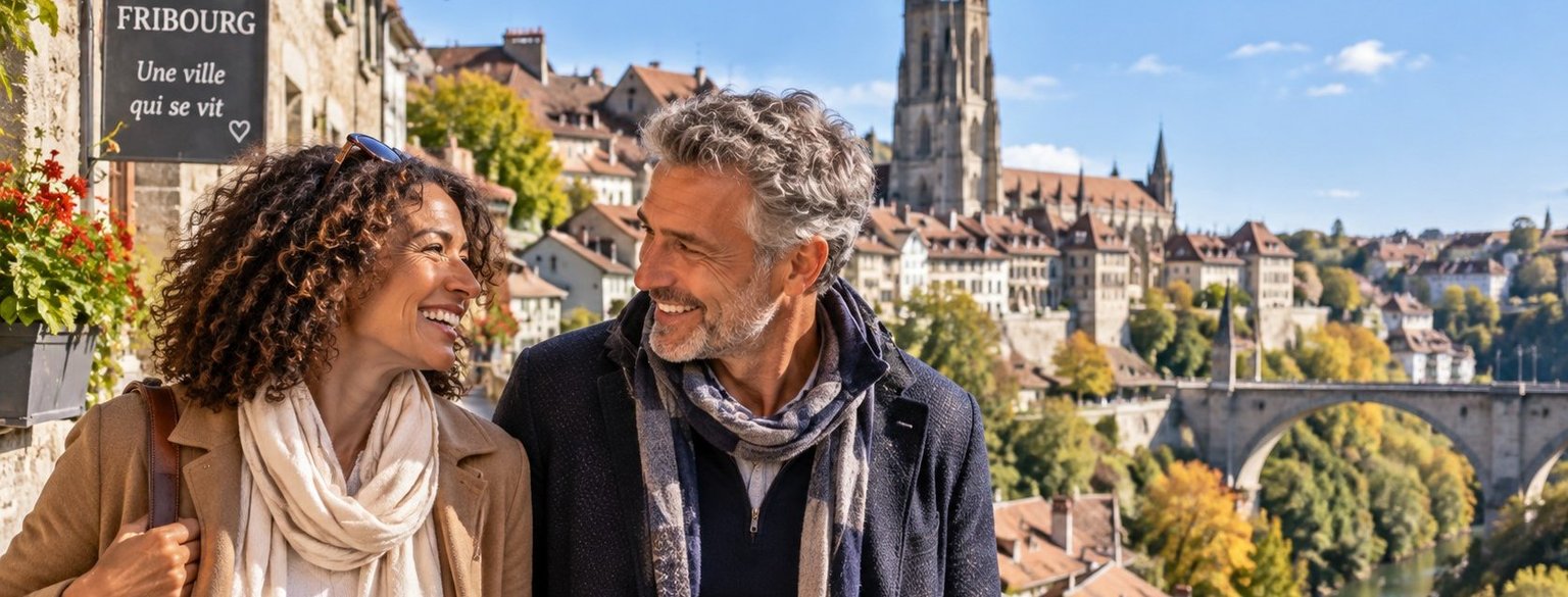 Femme et homme de plus de 50 ans échangeant dans la vieille ville de Fribourg