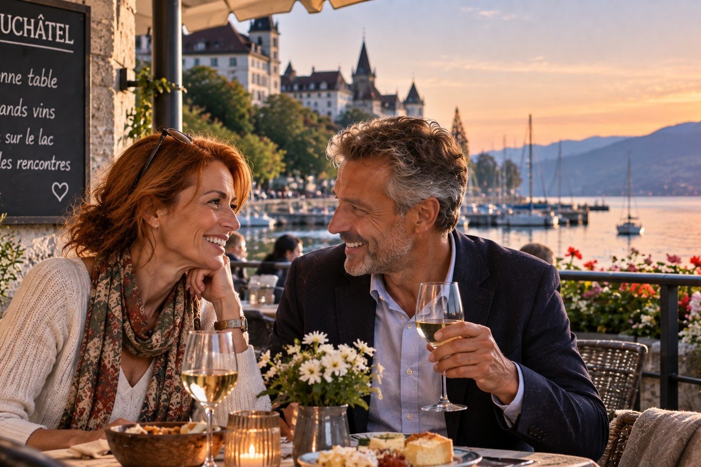 Femme et homme de plus de 50 ans échangeant en terrasse au bord du lac de Neuchâtel