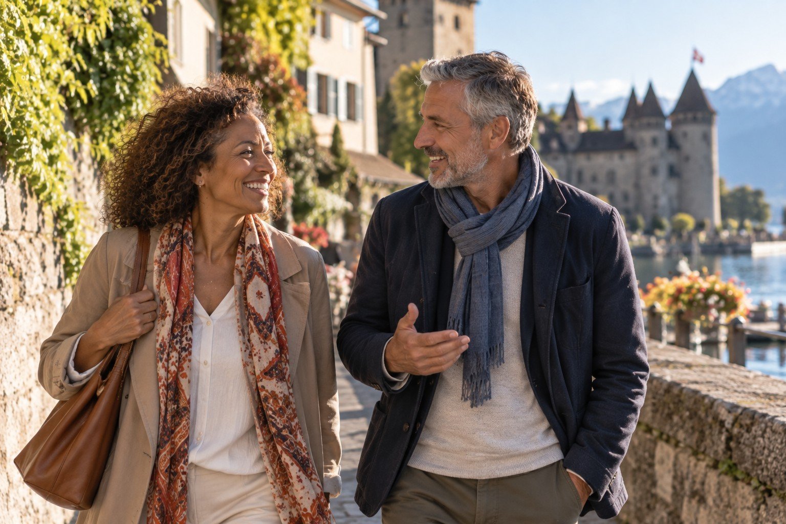 Femme et homme de plus de 50 ans échangeant lors d’une promenade à Montreux en Suisse