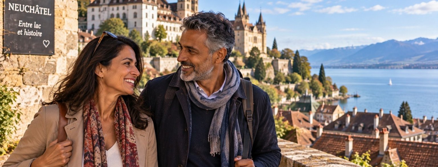 Femme et homme de plus de 50 ans se promenant près du château de Neuchâtel