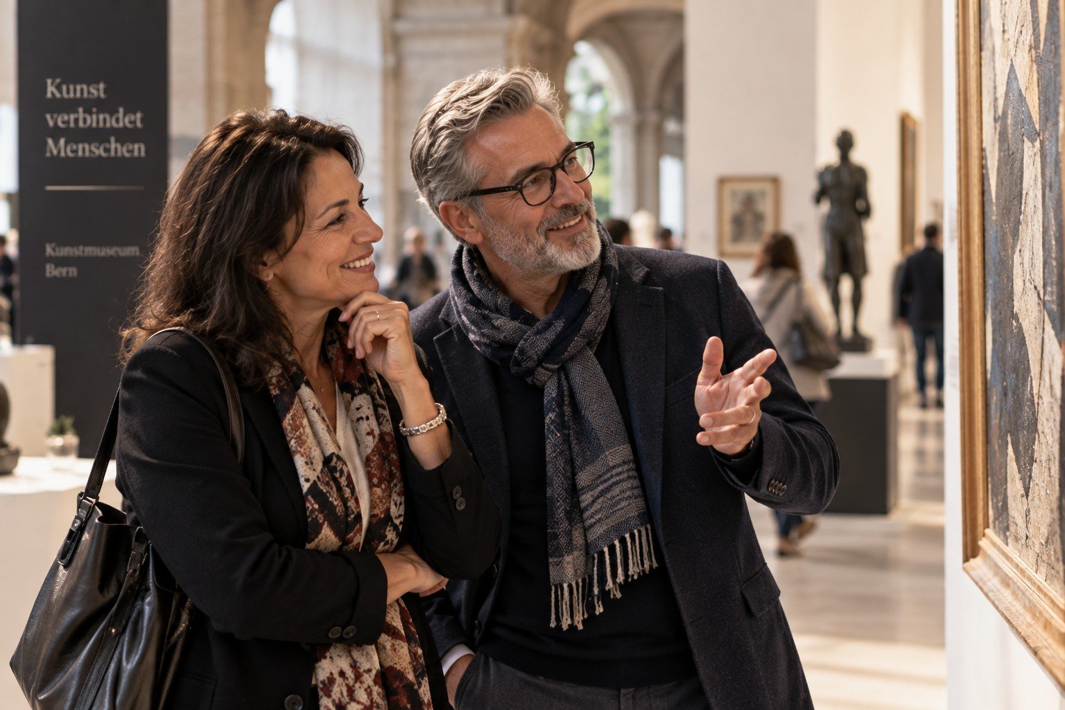 Femme et homme de plus de 50 ans partageant une sortie culturelle à Berne