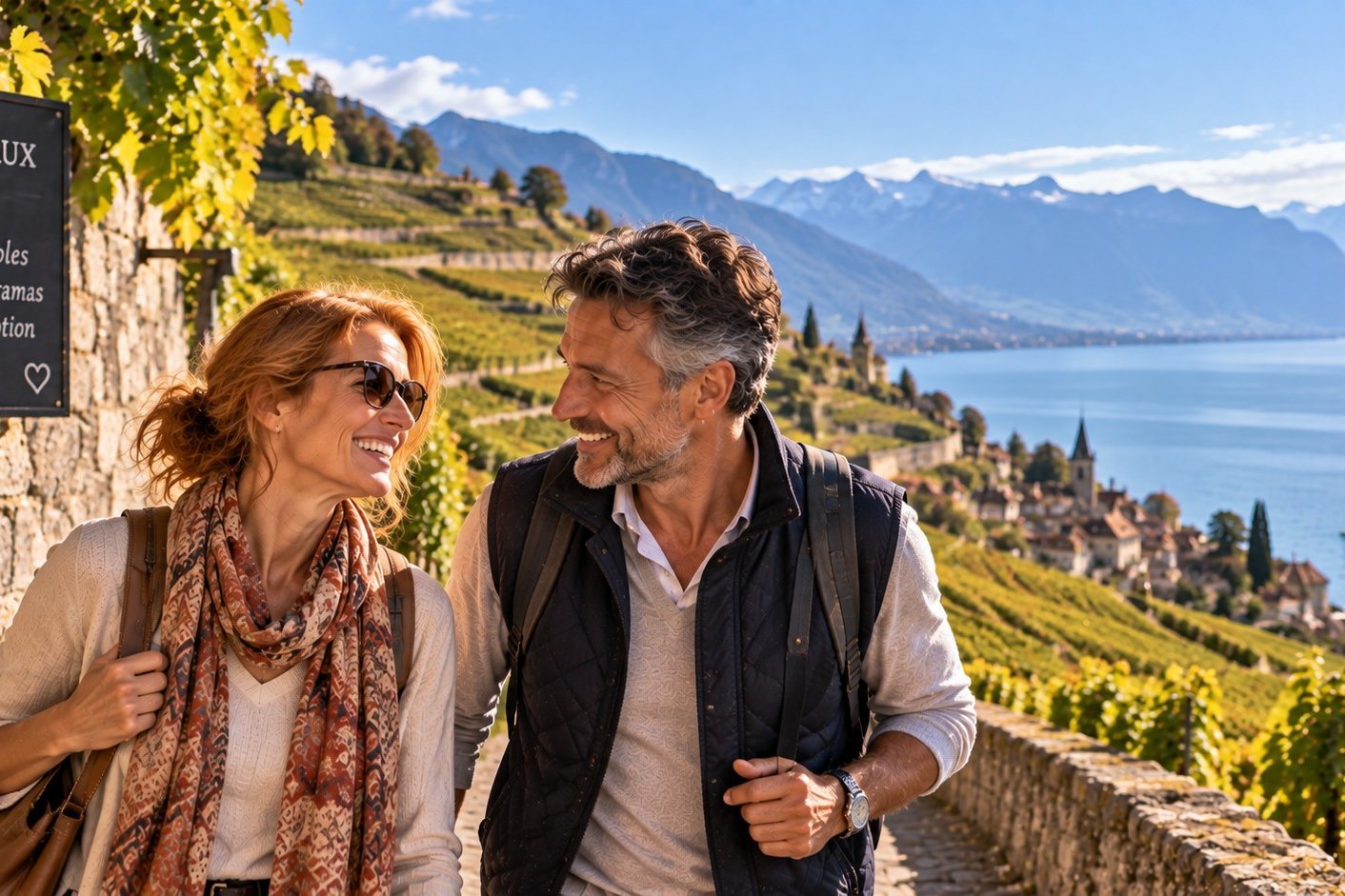 Femme et homme de plus de 50 ans se promenant dans les vignobles de Lavaux