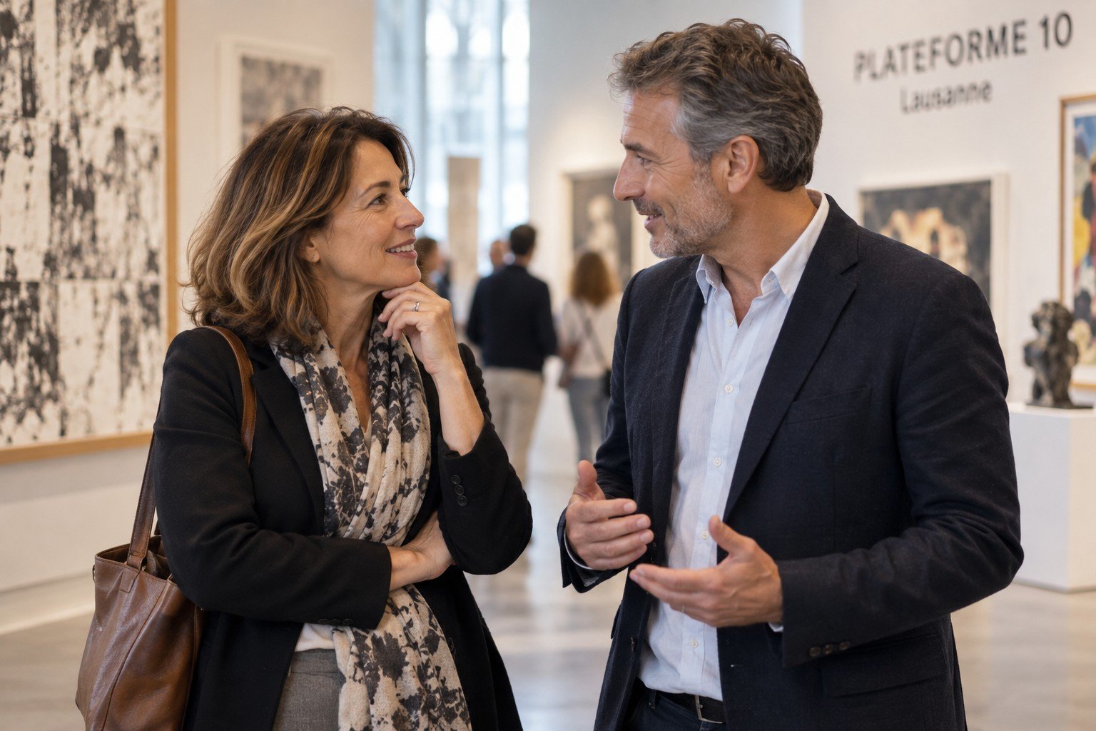 Femme et homme de plus de 50 ans échangeant lors d’une sortie culturelle en Suisse romande