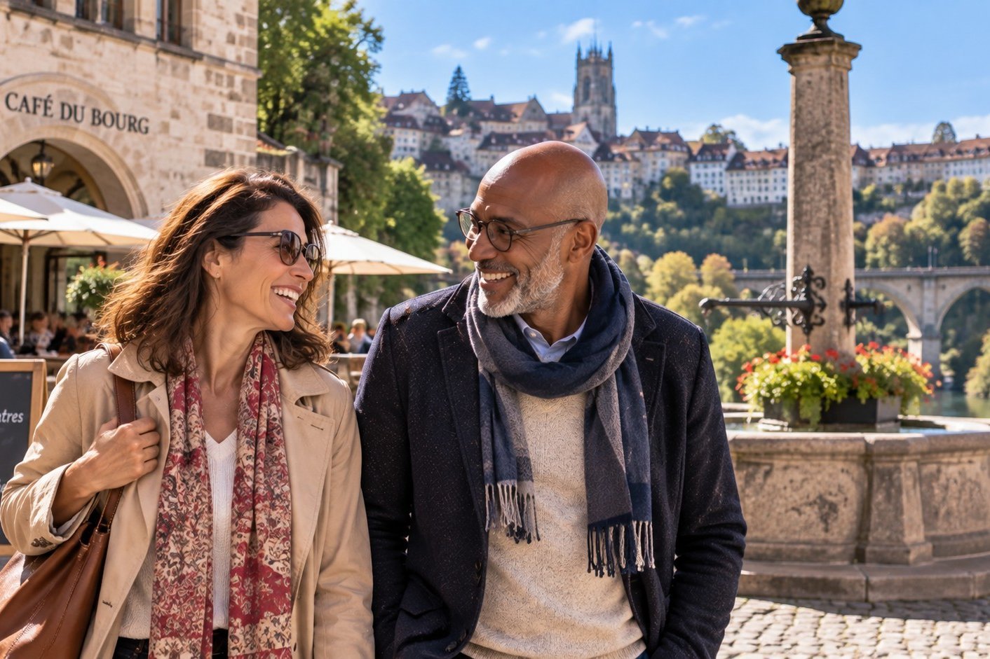 Femme et homme de plus de 50 ans se promenant dans le centre historique de Fribourg