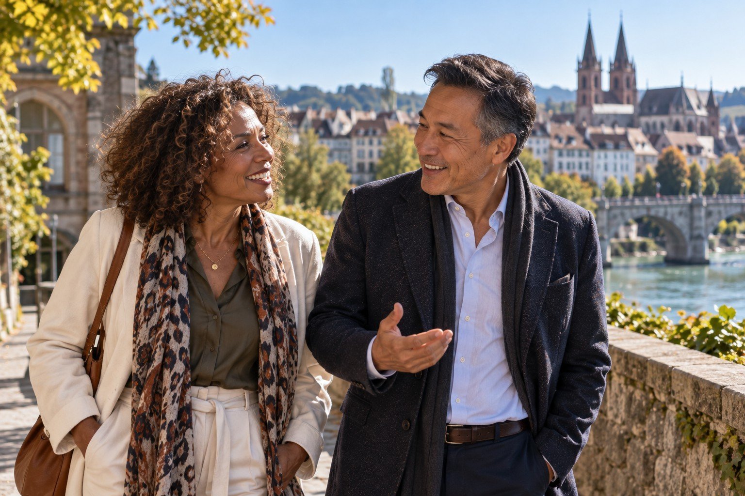 Femme et homme de plus de 50 ans échangeant lors d’une sortie en ville en Suisse