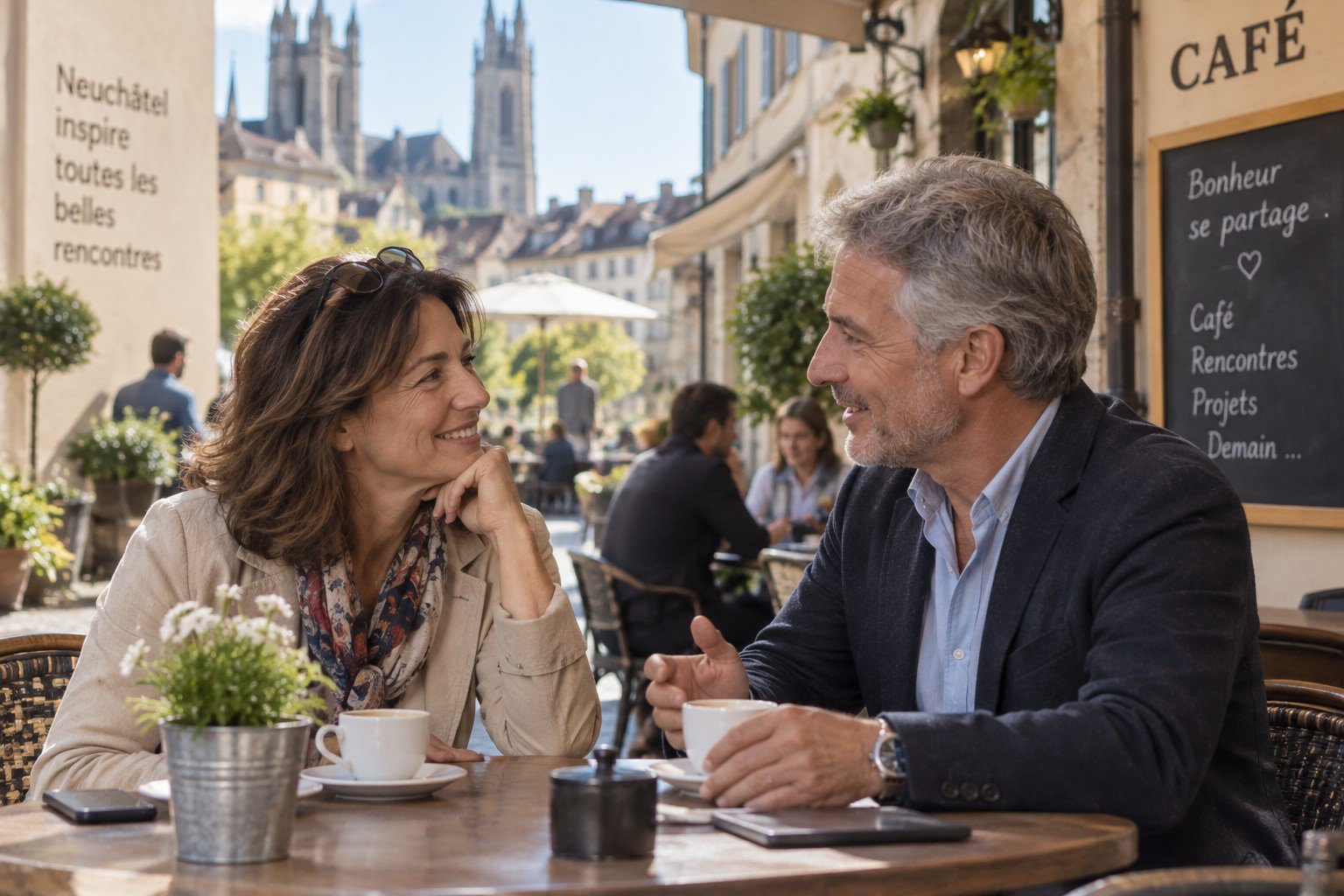 Femme et homme de plus de 50 ans faisant connaissance à la terrasse d’un café en Suisse romande