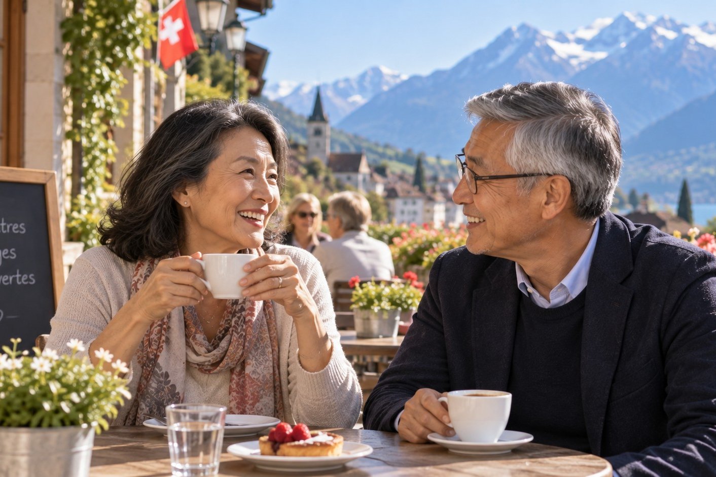 Femme et homme de plus de 60 ans échangeant autour d’un café en Suisse