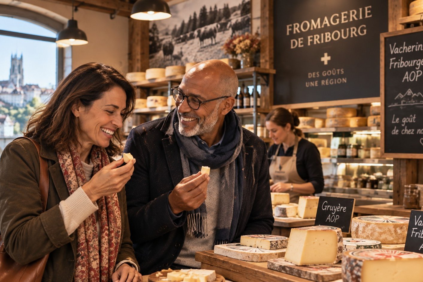 Femme et homme de plus de 50 ans découvrant des fromages fribourgeois dans une fromagerie