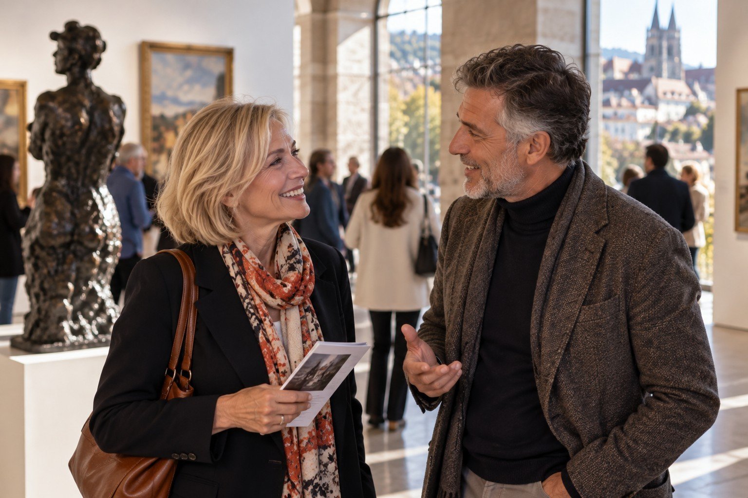 Femme et homme de plus de 50 ans faisant connaissance lors d’une sortie culturelle en Suisse