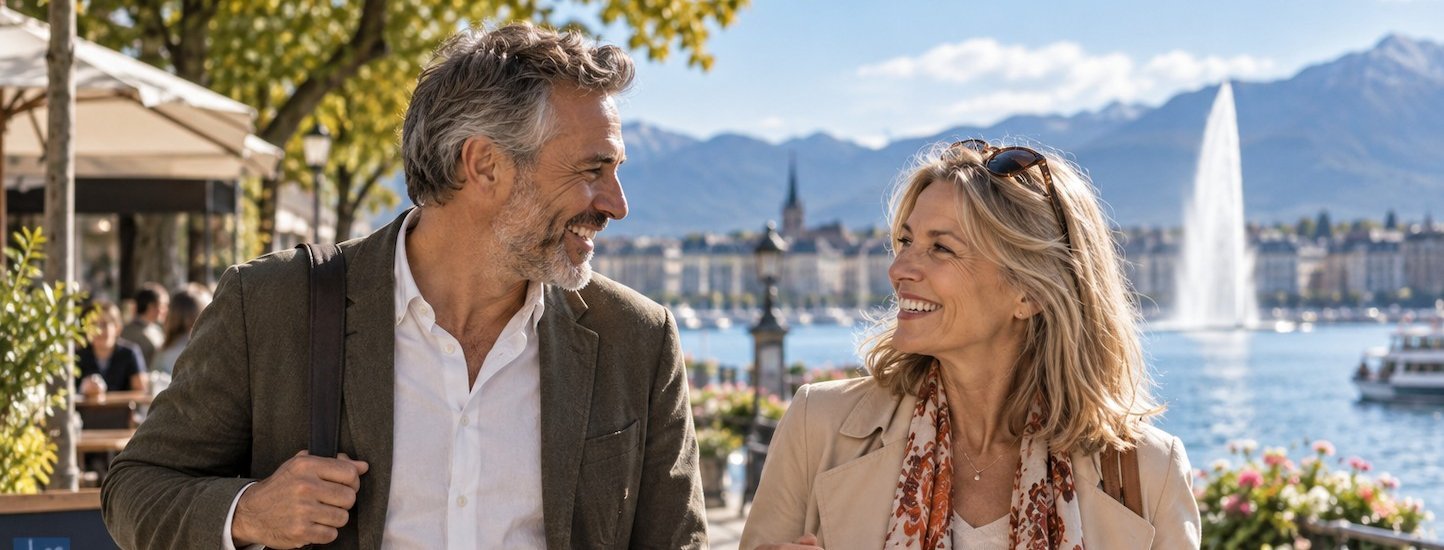 Une femme et un homme de plus de 50 ans discutent lors d'une promenade au bord du lac Léman à Genève.