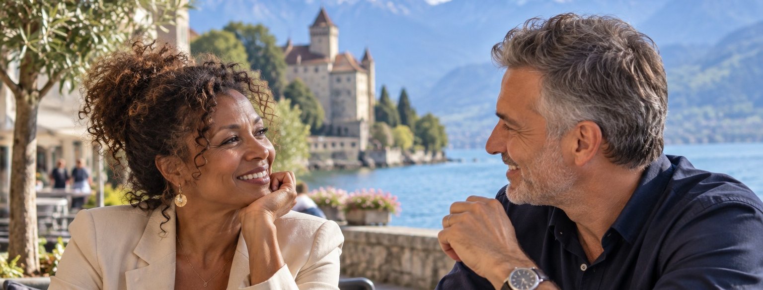 Femme et homme de plus de 50 ans échangeant lors d’un rendez-vous en Suisse